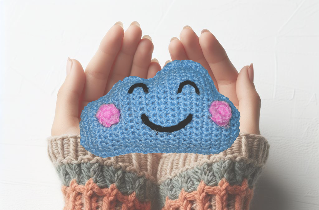 a person holding a crochet shaped like a cloud