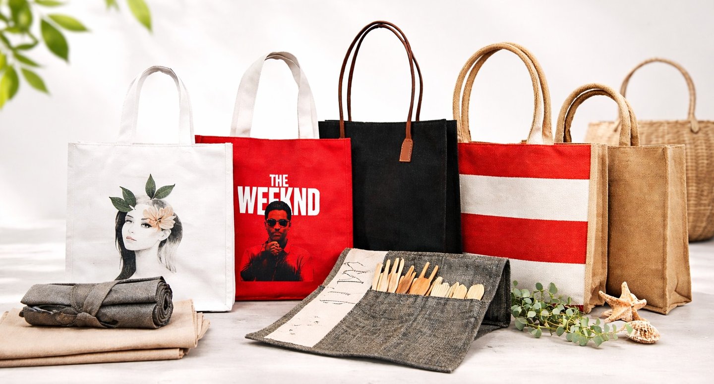 Collection of eco-friendly jute and canvas tote bags with custom prints and bamboo cutlery.