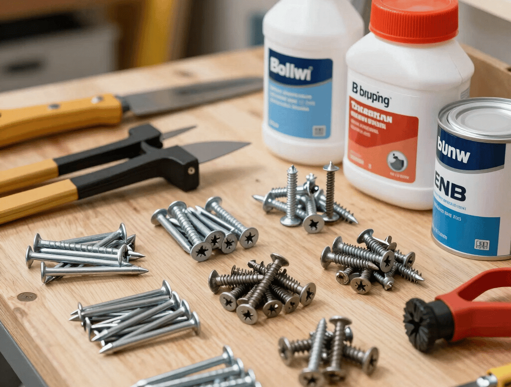 A close-up of various construction nails, screws, and paint cans arranged neatly on a wooden workbench.
