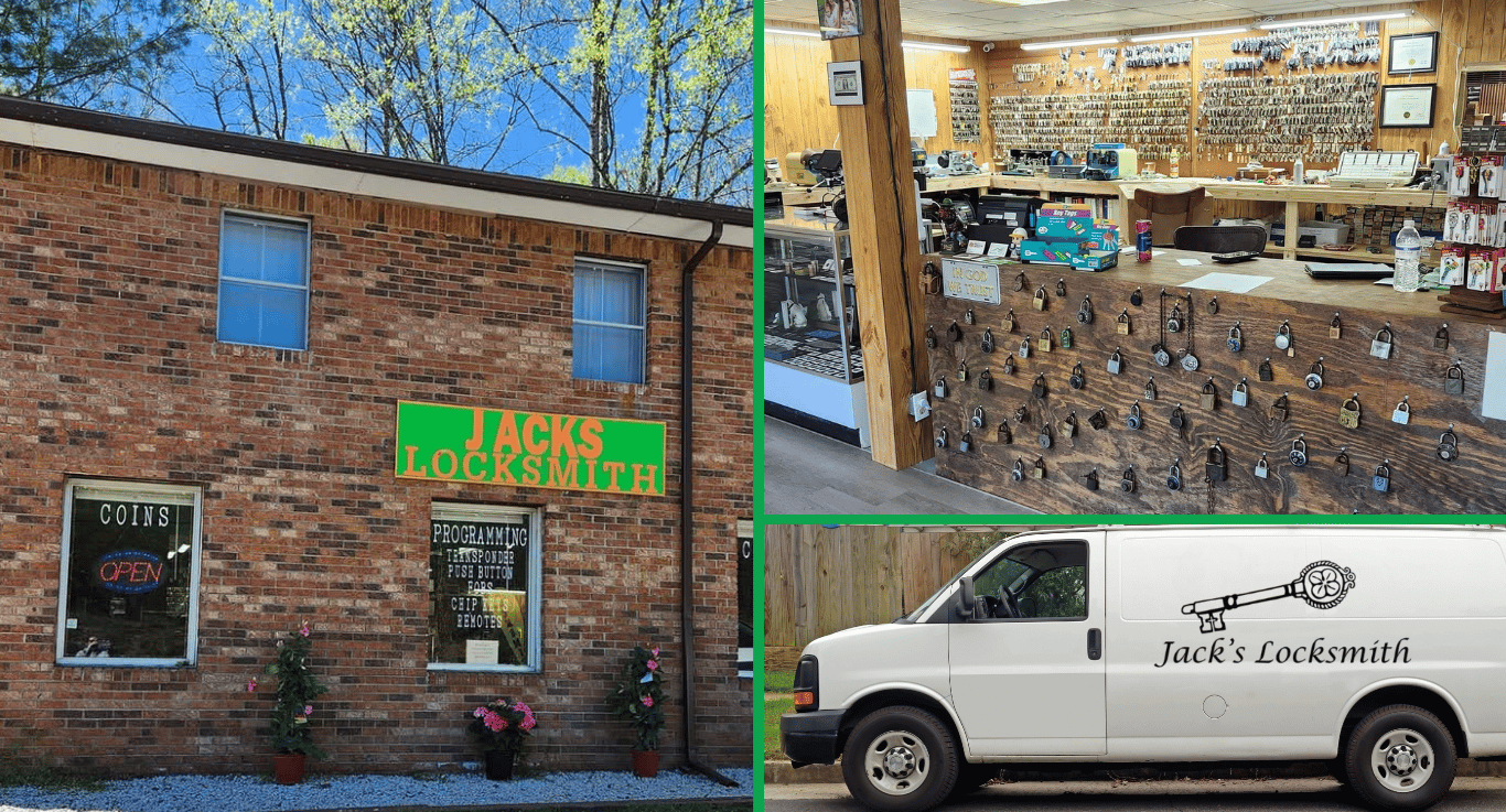 A hero image for Jack’s locksmith of a collage with the storefront in Burnsville, NC, and mobile locksmith services