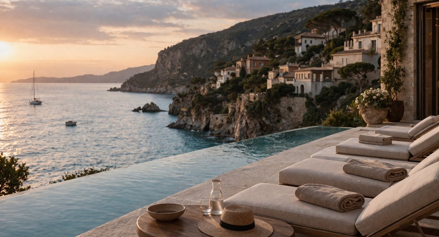 Luxury coastal villa with infinity pool sea view.