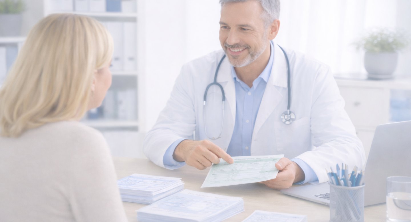 A smiling male doctor in a white coat consulting with a female patient at a desk in a medical office.