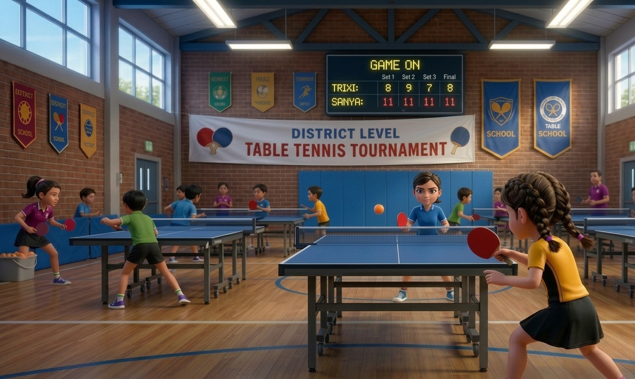 Children competing in a district level table tennis tournament inside a school gymnasium.