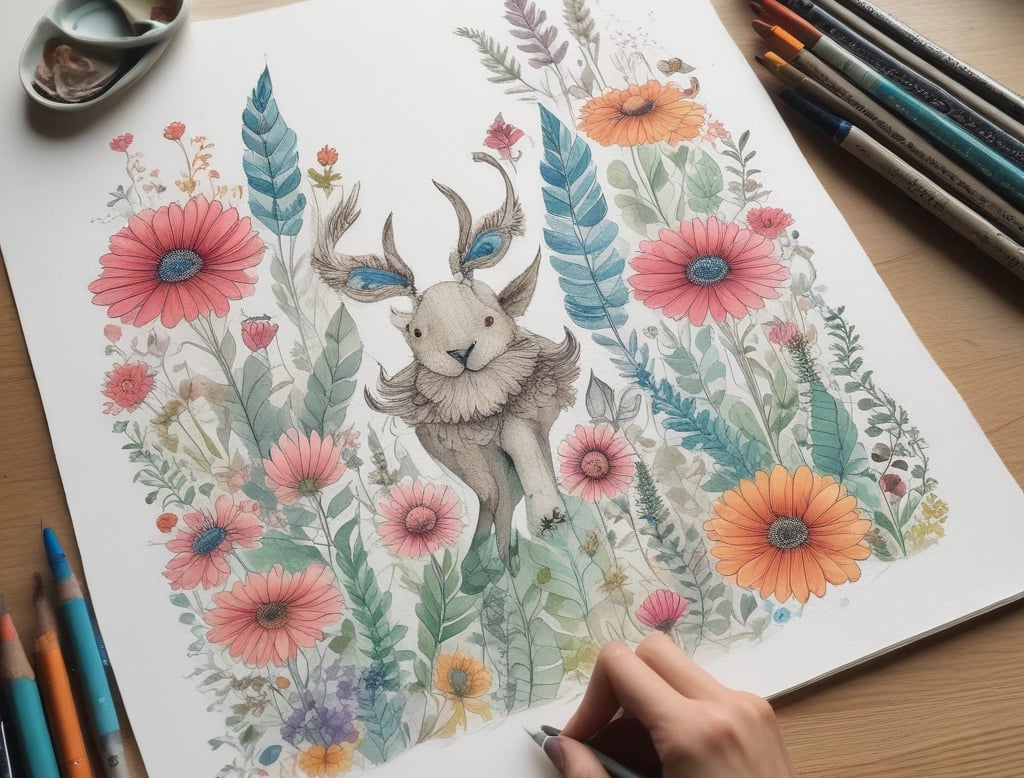 A cozy workspace with colorful whimsical clip art sketches scattered around a wooden desk.