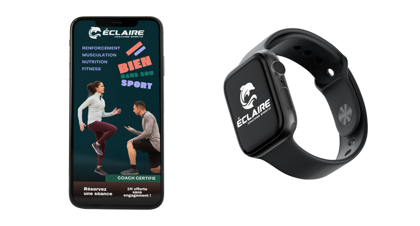 Site web de coach sportif sur mobile et la montre connectée affichant logo de fitness.