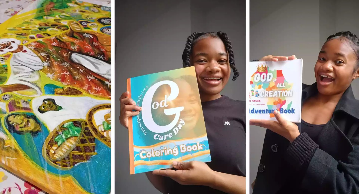 Smiling woman holding God Care Day and God of All Creation coloring books for children.