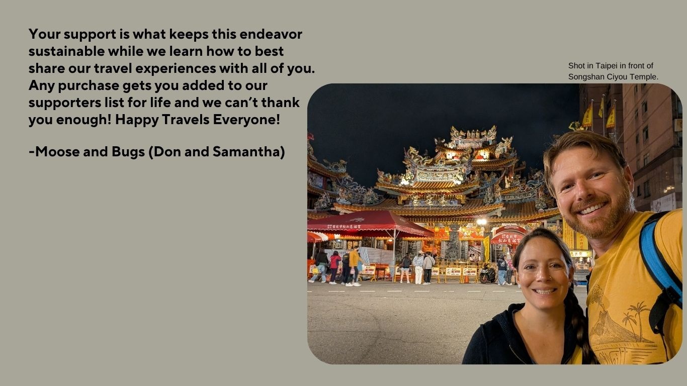 Moose and Bugs in front of a temple in Taipei and text thanking the reader for their support.