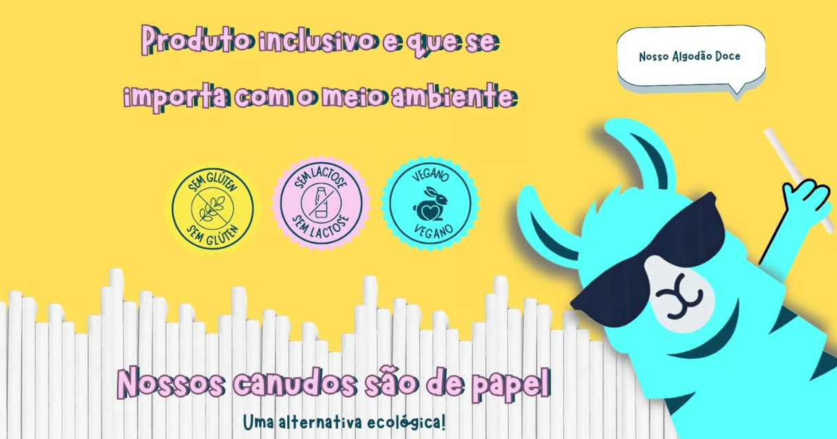 Algodao doce ecológico com canudos de papel e selos vegano, sem glúten e sem lactose