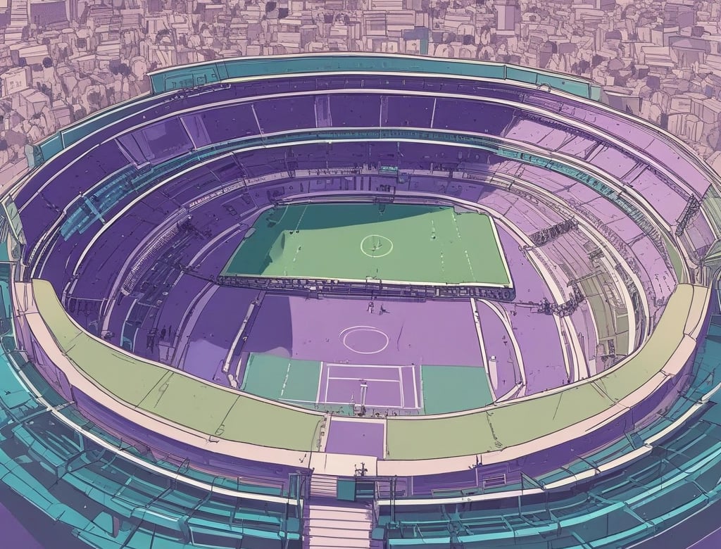 Illustrated aerial view of a purple and green sports stadium in a dense metropolitan city skyline.