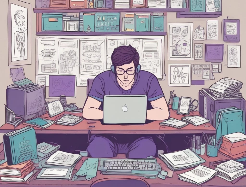 A man wearing headphones works on a laptop at a cluttered desk filled with papers and electronics.