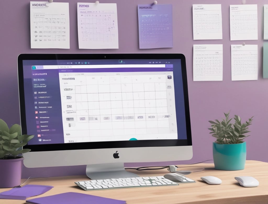 A desktop workspace featuring an Apple iMac with a digital calendar and notes pinned to a purple wall.