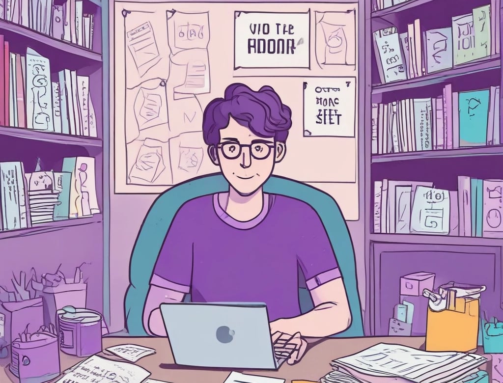 Purple-themed illustration of a man with glasses working on a laptop at a cluttered desk with bookshelves.