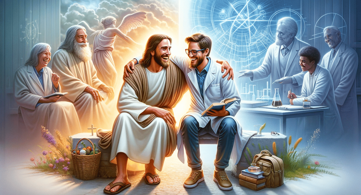 Jesus sentado con un cientifico
