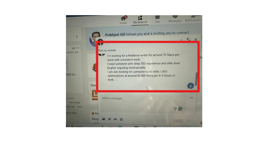 LinkedIn job post for a freelance SEO writer and editor offering rates in Nigerian Naira