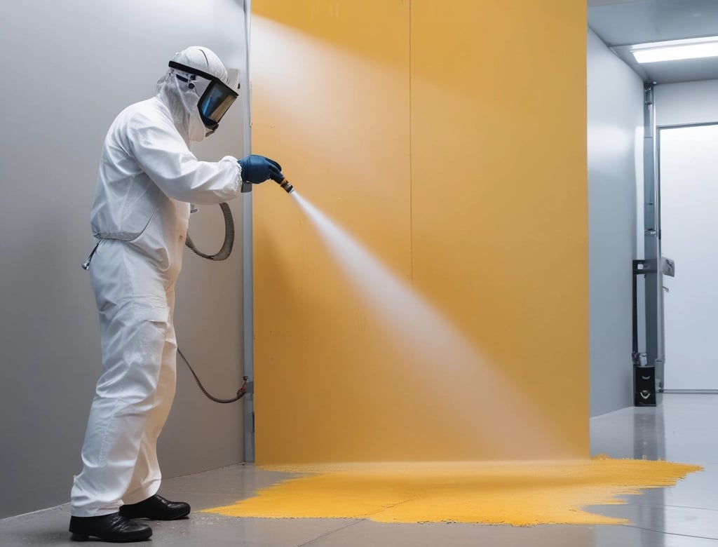 A skilled painter applying a smooth coat of paint to a wooden door in a well-lit workshop.