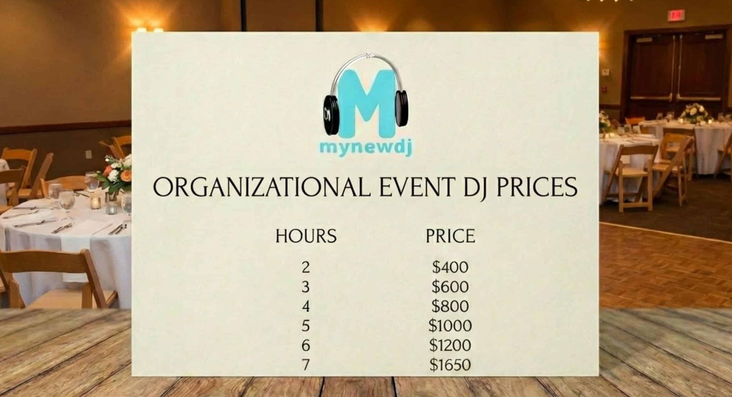 a card with private event dj prices sitting on a wooden table with a backdrop of a banquet room