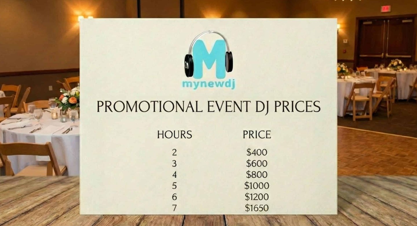 a card with promotional event dj prices sitting on a wooden table with a backdrop of a banquet room
