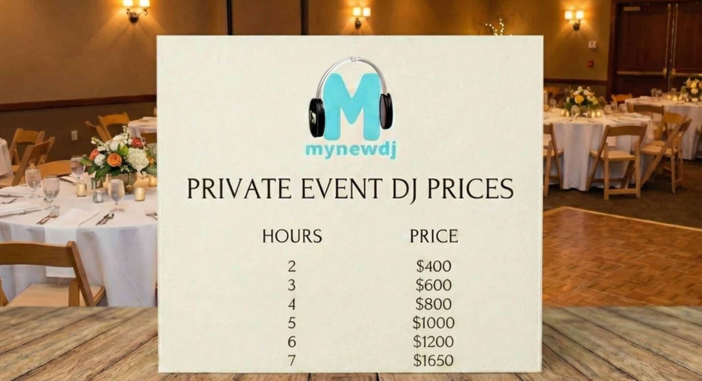 a card with private event dj prices sitting on a wooden table with a backdrop of a banquet room