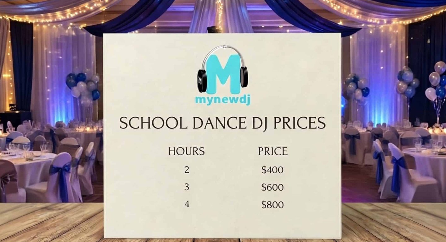 a card with school dance dj prices sitting on a wooden table with a backdrop of a school prom.