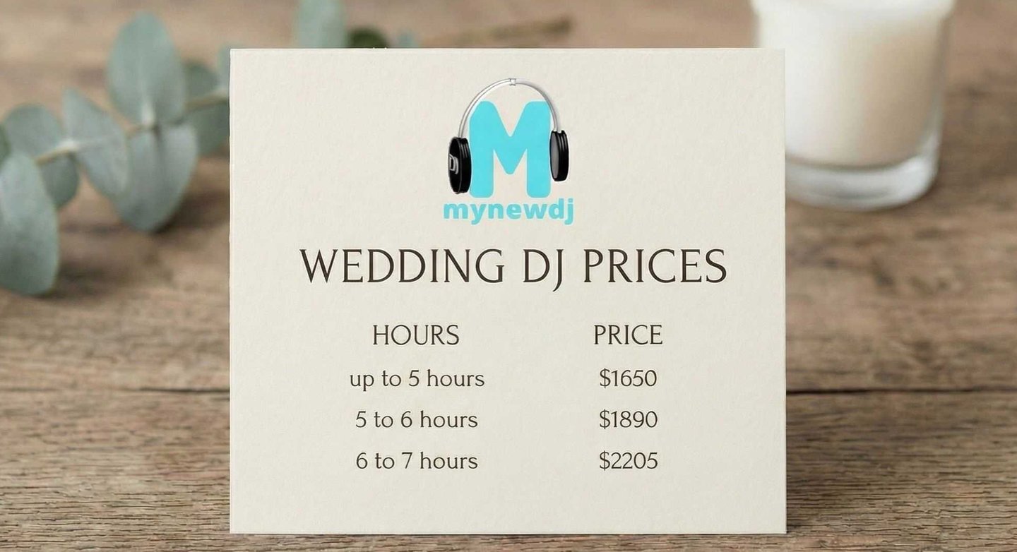 a card with wedding dj prices sitting on a wooden table