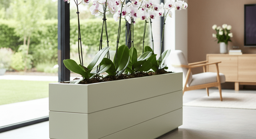 elegant indoor wooden planter painted in grey blue with patio tree made from wood