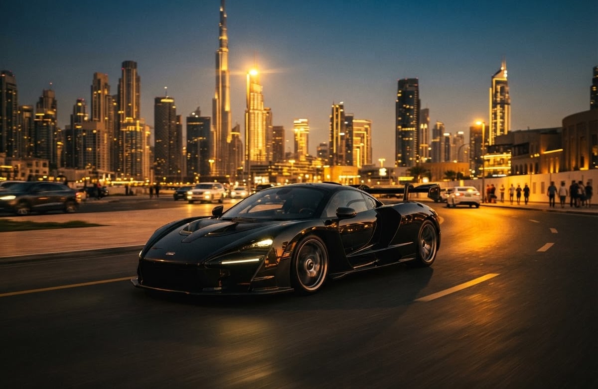 Sleek supercar driving through Downtown Dubai at golden hour, dramatic rim lighting, anamorphic lens, high-contrast obsidian and gold tones, 35mm photography