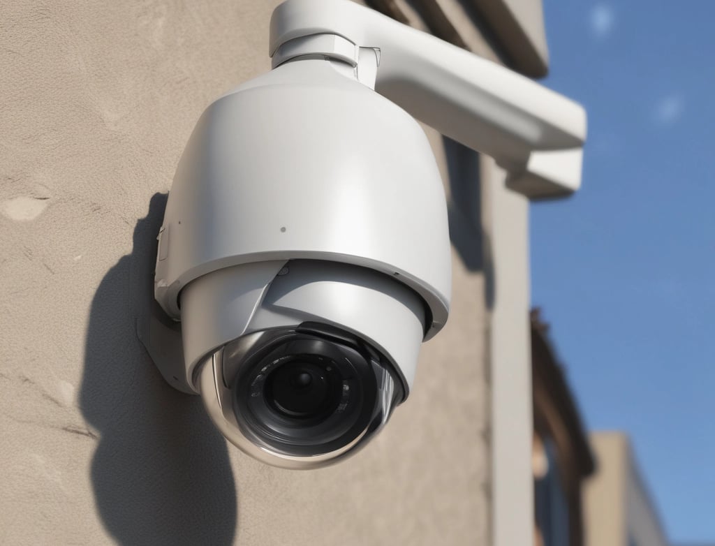 Technician installing a security camera in a modern office environment.