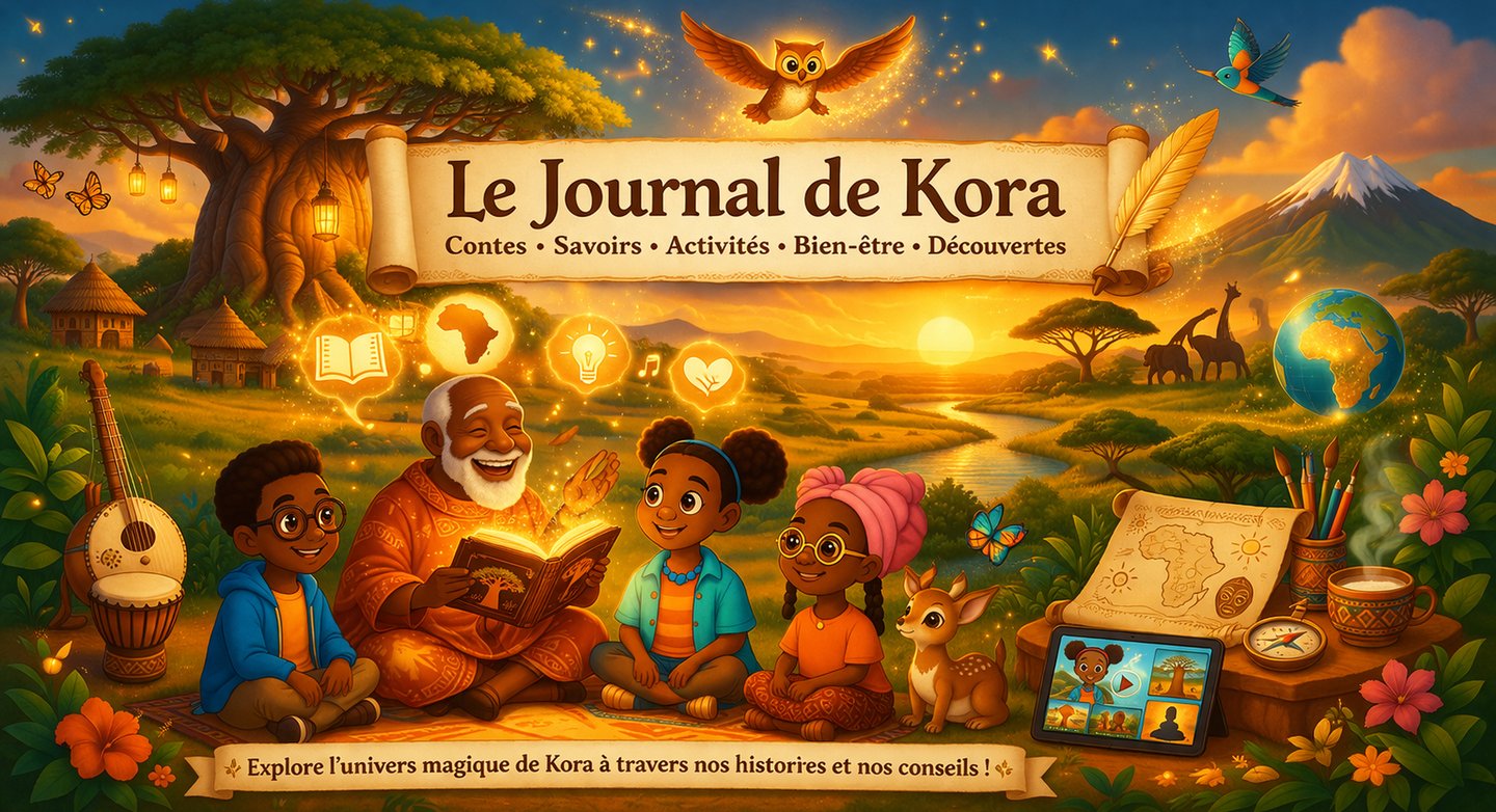 An African storyteller reading a glowing book to children in a magical savanna landscape.
