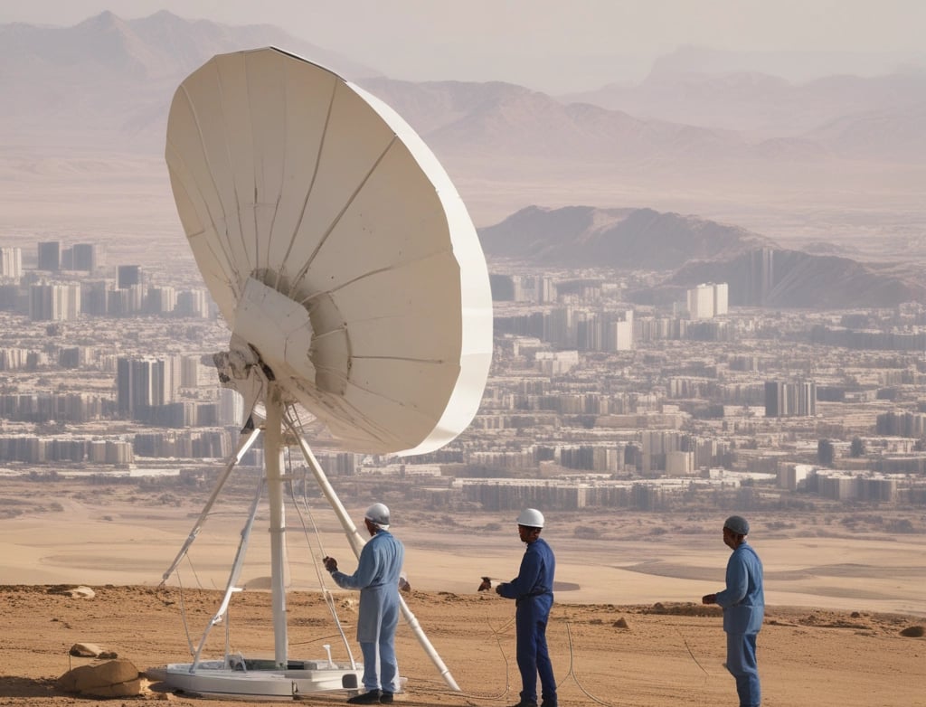 A large satellite dish antenna is positioned in . The structure is metallic and intricate, towering over the landscape. In the background, there are rolling hills or mountains under a clear blue sky. A few trees and buildings surround the antenna.