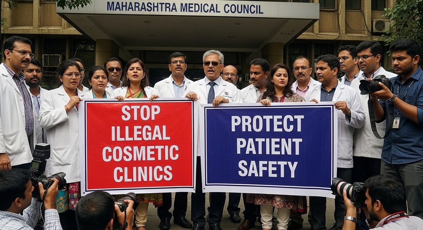 महाराष्ट्र मेडिकल काउंसिल के बाहर अवैध क्लीनिकों के खिलाफ प्रदर्शन करते त्वचा रोग विशेषज्ञ