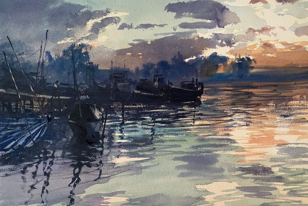 Acuarela atardecer en el delta