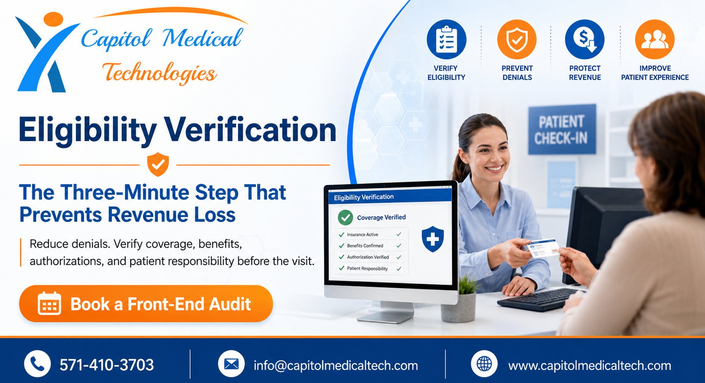 Promotional blog header for Capitol Medical Technologies about eligibility verification, showing a p