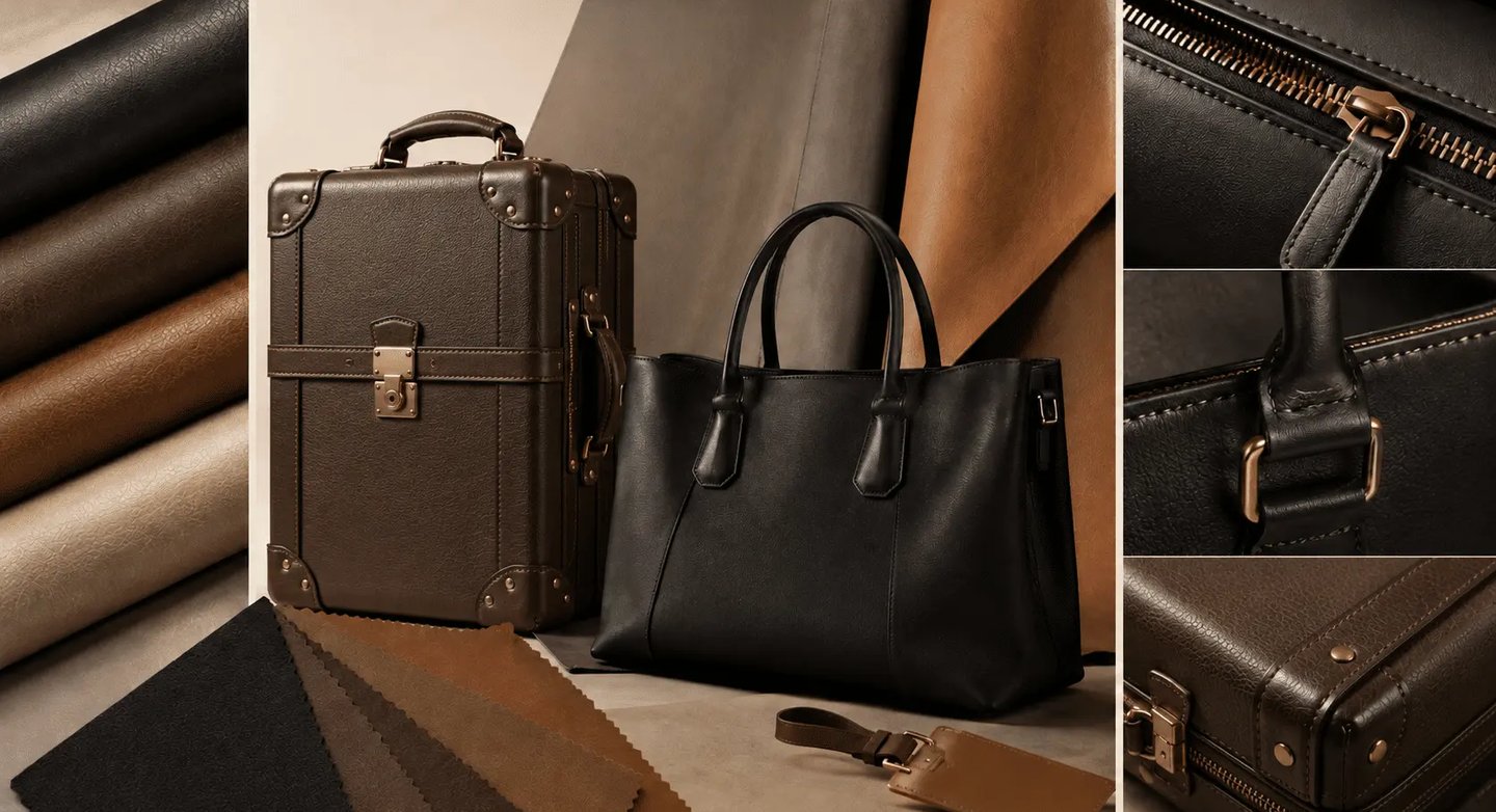 Elegant black leather tote bag and brown vintage trunk suitcase with material swatches and close-up details.