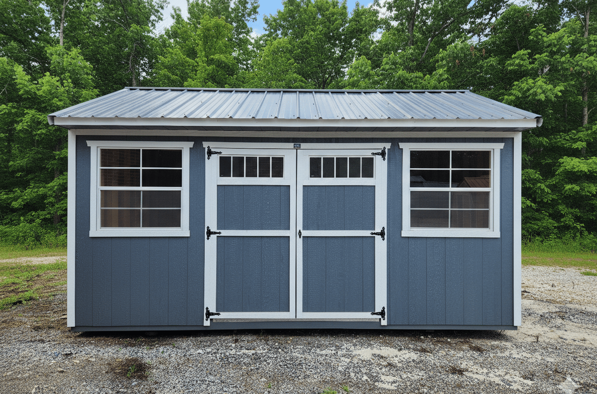 Colonial shed with spring trees and grass