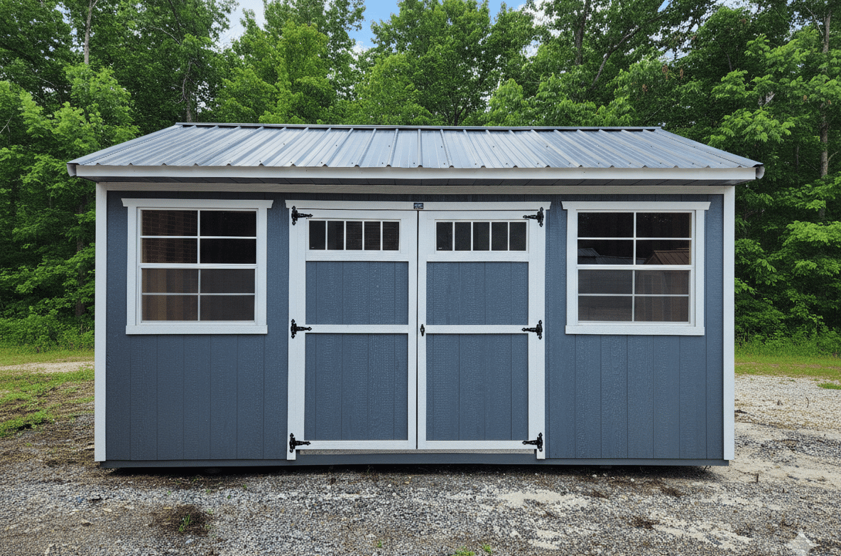 Colonial shed with spring trees and grass