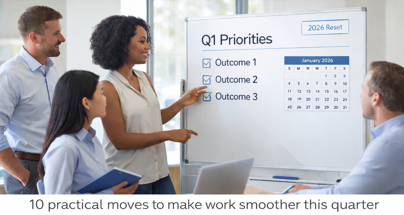 A diverse small business team meets in a modern office, reviewing a “Q1 Priorities” whiteboard.