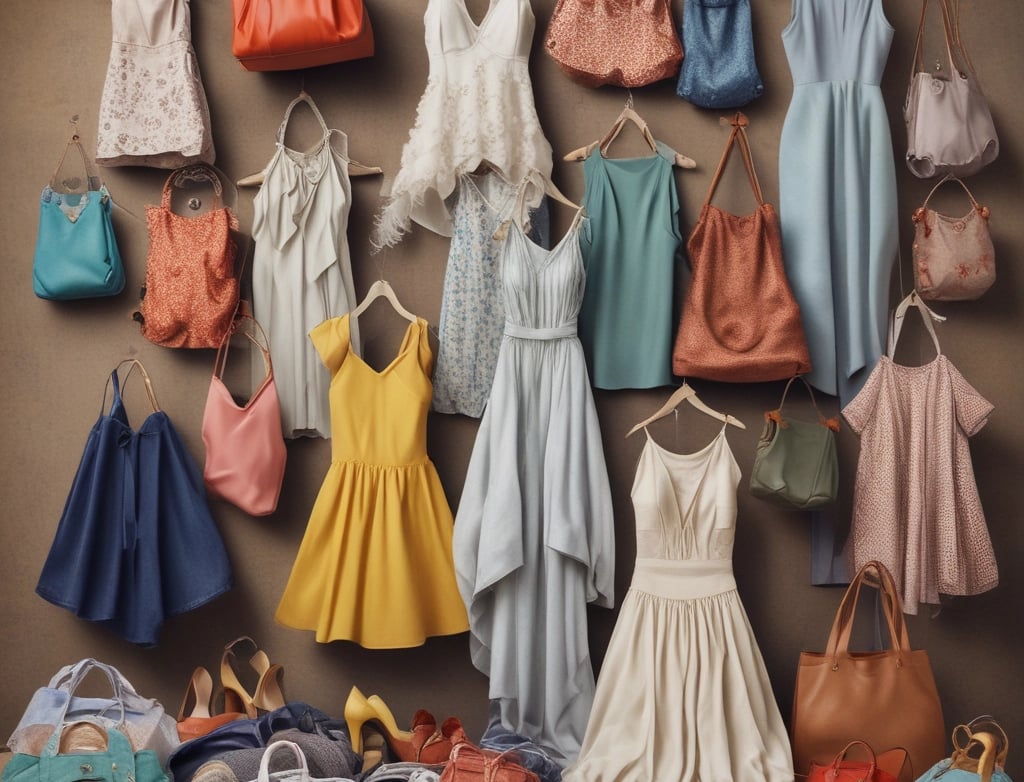 A collection of fashion items is neatly arranged, including a zebra-print top, a cream ribbed sweater, a crocodile pattern clutch bag, a set of gold bangles, a beaded necklace, a shiny black pair of high-heeled sandals, and a vibrant red clutch.