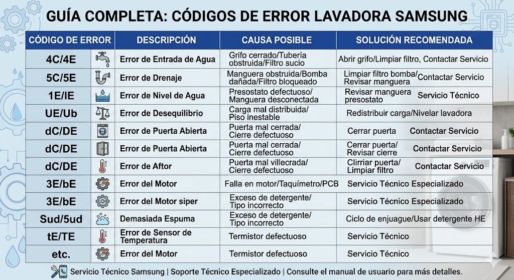 guía completa código errores de lavadora en Panamá