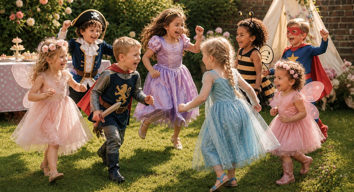 "Happy children in fairy, pirate and superhero costumes enjoying a personalised birthday party in a 