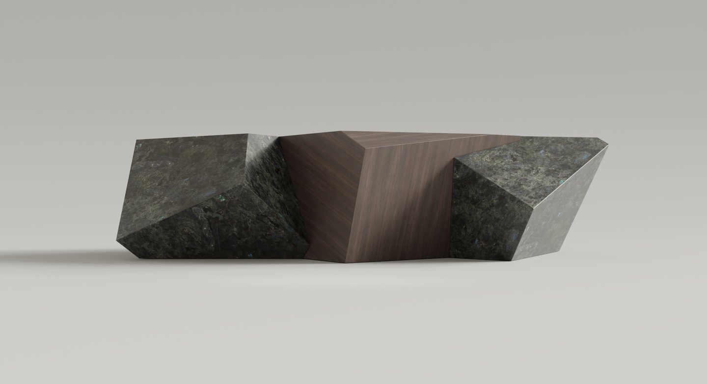 Pyrite coffee table in labradorite and walnut, interlocking truncated cubes