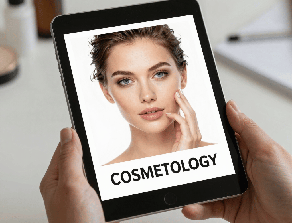 A cozy workspace with a laptop open to an ebook on cosmetology, surrounded by beauty devices and notes.