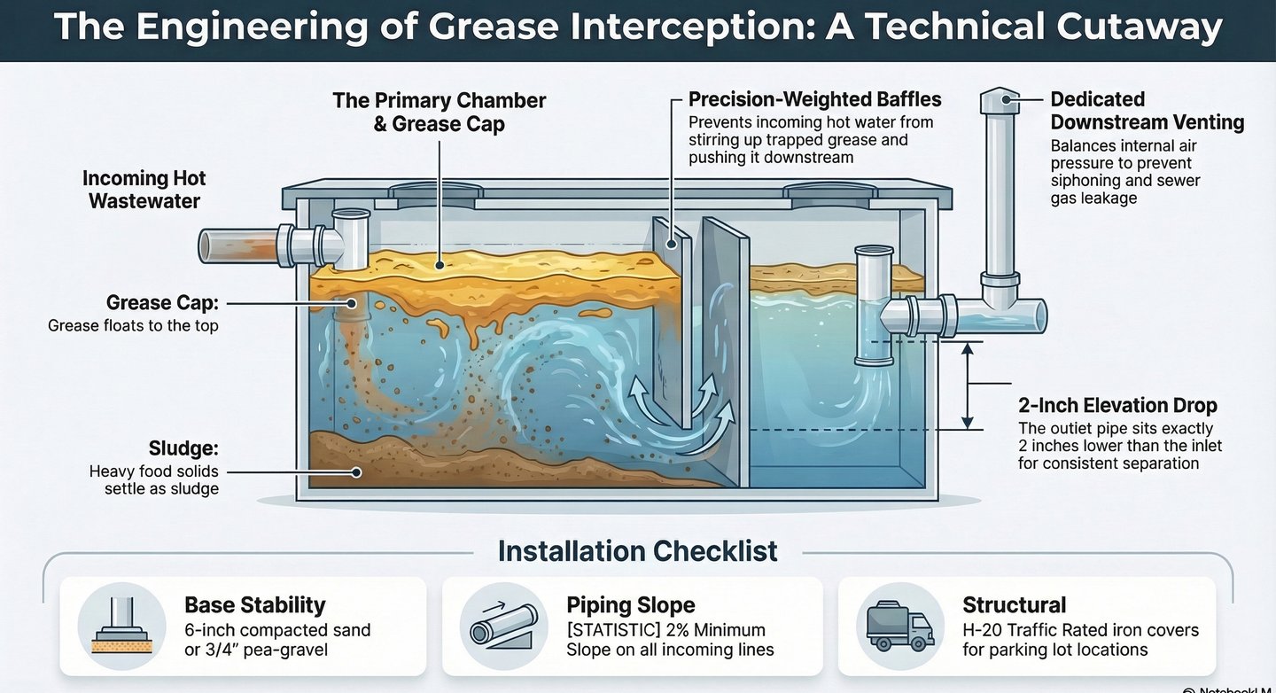 Technical diagram showing the internal engineering of a grease interceptor with baffles, sludge, and wastewater flow.