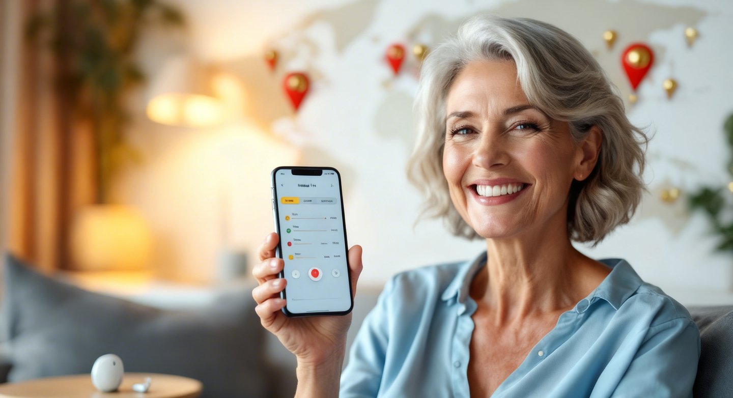 Mulher sorridente ajustando aparelho auditivo Starkey remotamente via smartphone, com mapa-múndi