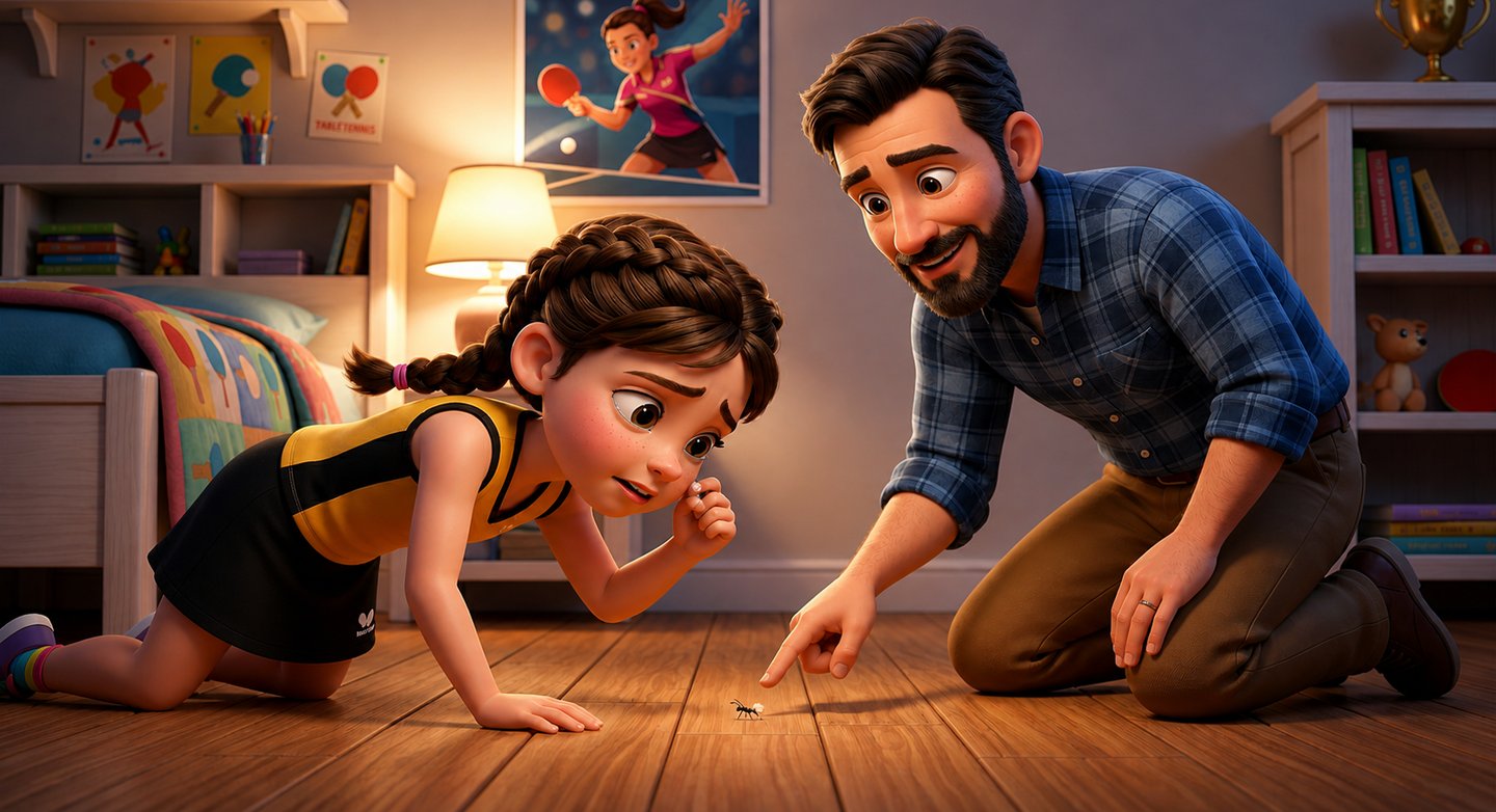Animated father and daughter looking at a tiny ant on the bedroom floor.