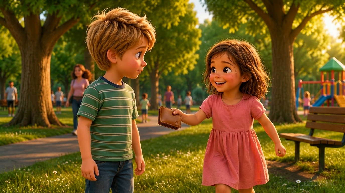 Animated little girl returning a lost brown leather wallet to a boy in a sunny park playground.