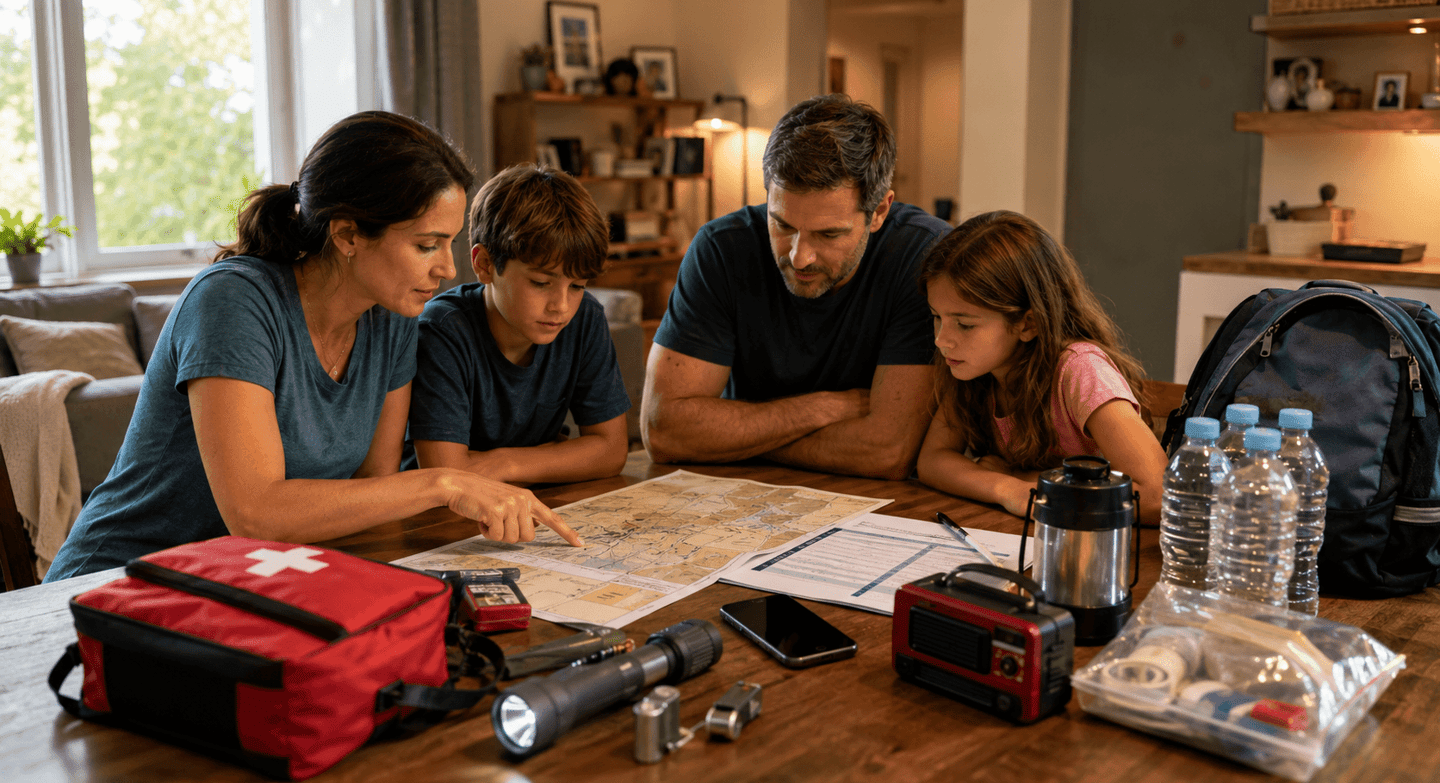 A family planning for emergencies with a survival kit, map, and first aid supplies on a table.