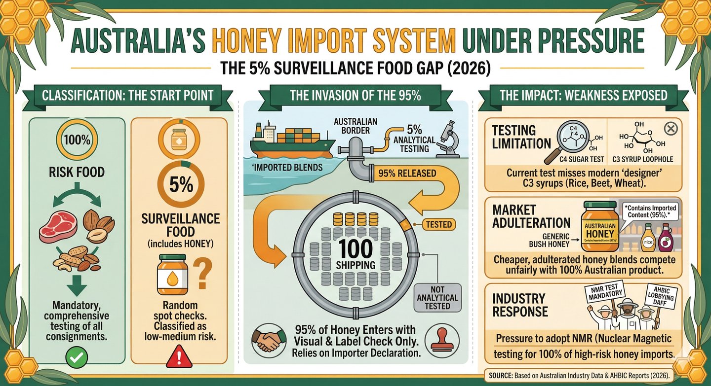 Infographic explaining Australia's 2026 honey import rules, highlighting that only 5% of imported honey is tested