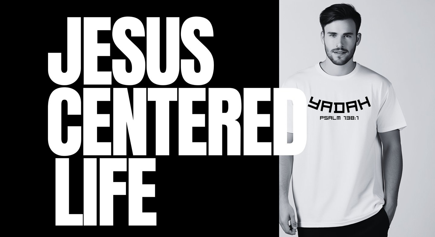 a man in a white shirt and black and white text jesus centered life...Christian Apparel