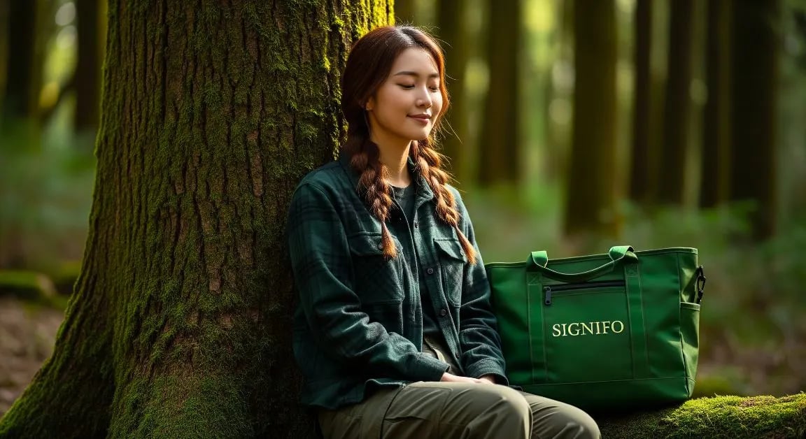 Model wanita dengan hasil aplikasi produk dari kain kanvas polyester SIGNIFO warna FUJI