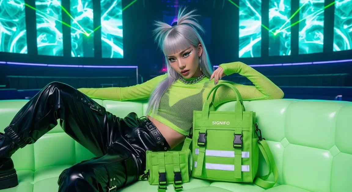 Model wanita dengan hasil aplikasi produk dari kain kanvas polyester SIGNIFO warna HIJAU MELON